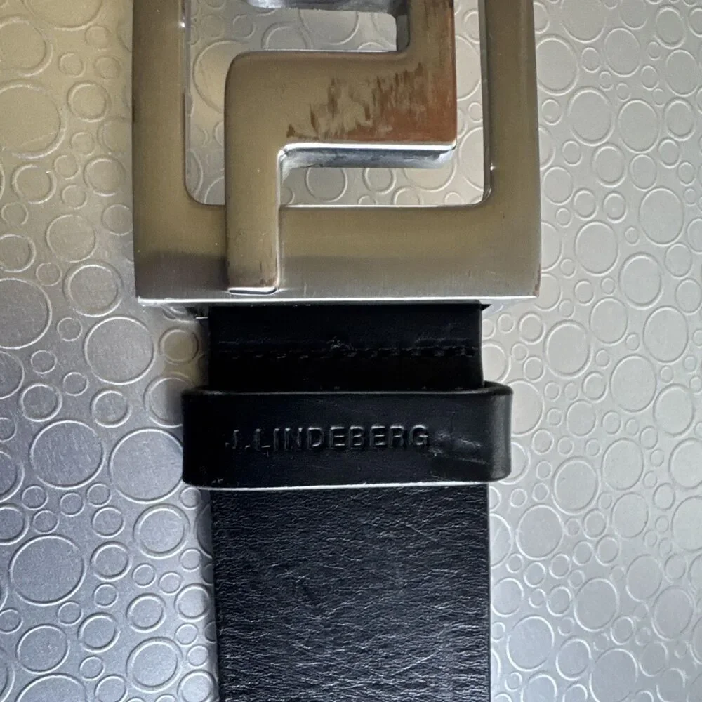 J Lindeberg Mens Leather Belt 36 Italy JL Logo Buckle Black Altered Extra Holes